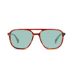 A pair of square aviator-style sunglasses with a translucent tortoiseshell frame in reddish-brown and light blue-green lenses, shown against a plain white background.
