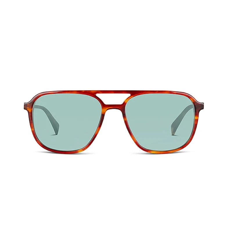 A pair of square aviator-style sunglasses with a translucent tortoiseshell frame in reddish-brown and light blue-green lenses, shown against a plain white background.
