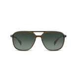 A pair of aviator-style sunglasses with a olive colored acetate frame and gradient grey lenses, shown against a plain white background.