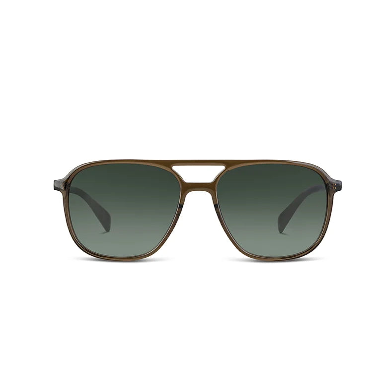 A pair of aviator-style sunglasses with a olive colored acetate frame and gradient grey lenses, shown against a plain white background.