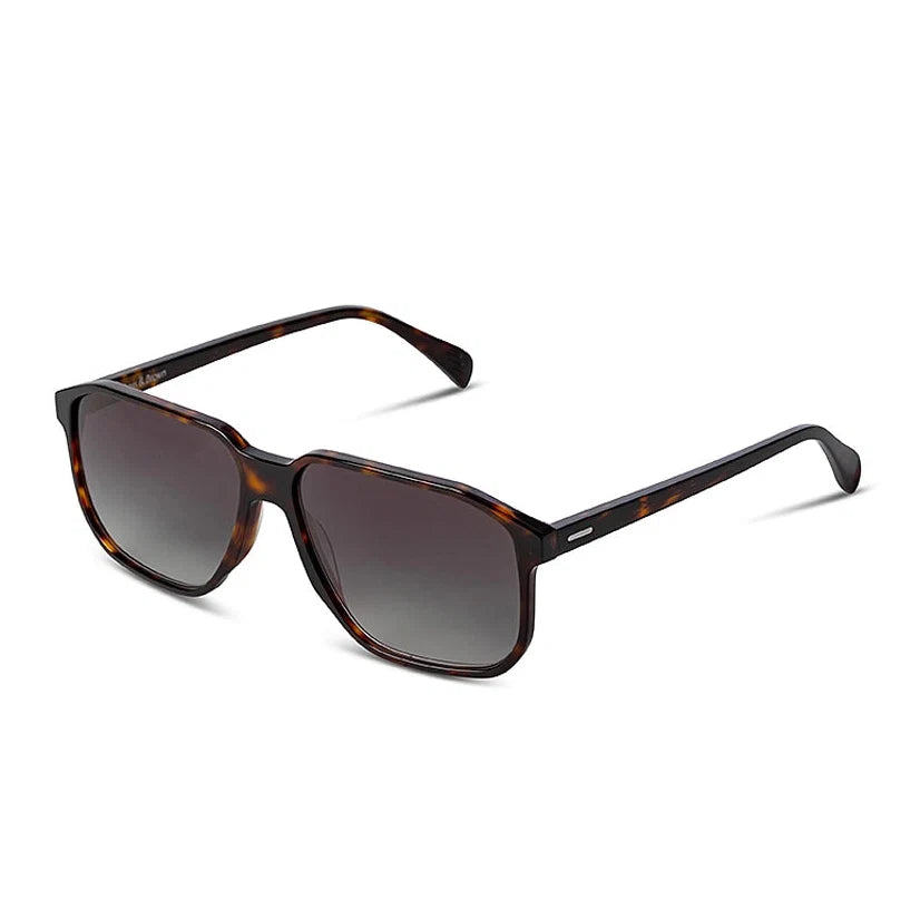 A pair of square-frame sunglasses with dark brown tortoiseshell acetate frames and dark gray gradient lenses, shown on a clean white background.