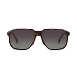 A pair of square sunglasses with a dark brown and amber tortoiseshell frame and dark gray gradient lenses, shown against a plain white background.