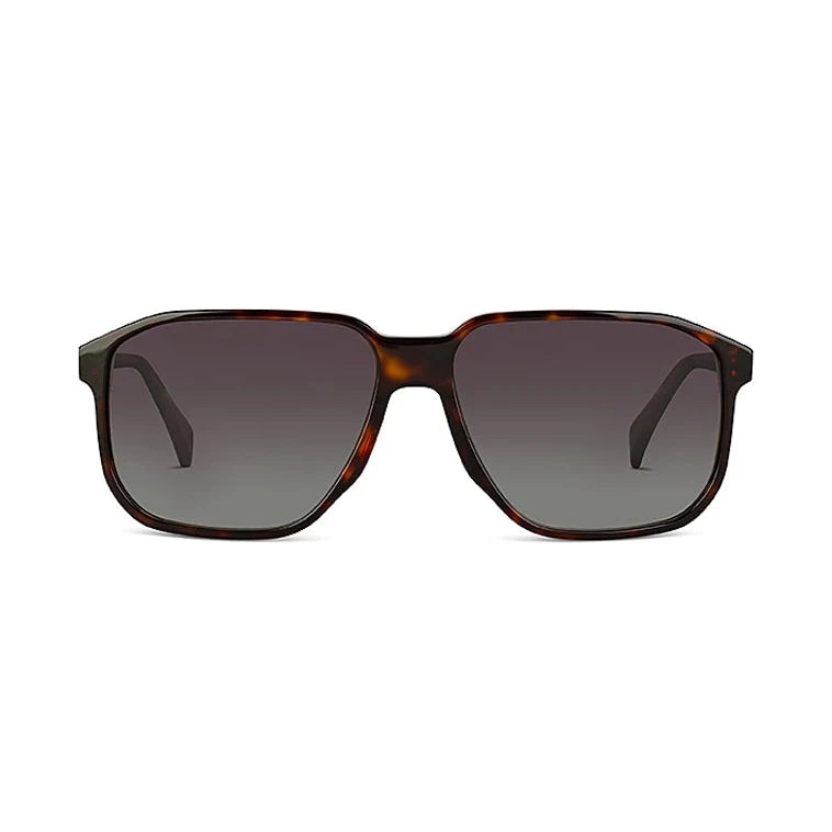 A pair of square sunglasses with a dark brown and amber tortoiseshell frame and dark gray gradient lenses, shown against a plain white background.