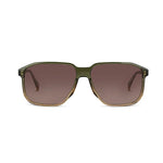 A pair of square sunglasses with a translucent olive green frame and brown gradient lenses, shown from a front-facing perspective on a solid white background.