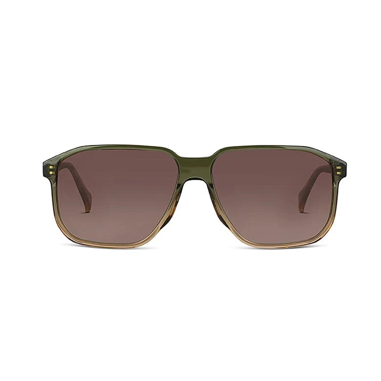 A pair of square sunglasses with a translucent olive green frame and brown gradient lenses, shown from a front-facing perspective on a solid white background.