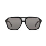 Front angle of black sunglasses with dark lenses on a white background. 