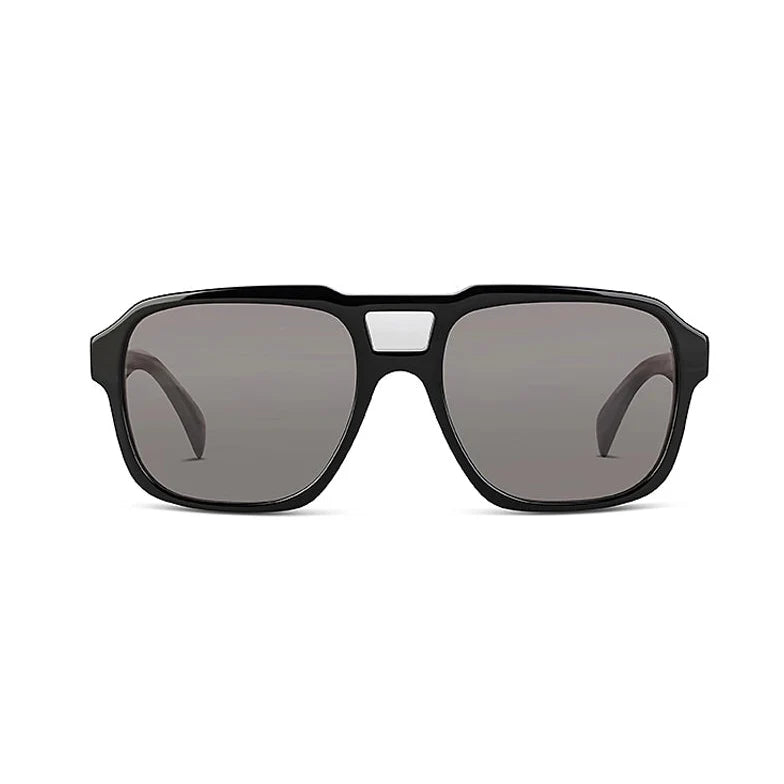 Front angle of black sunglasses with dark lenses on a white background. 