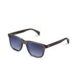 Grey sunglasses with dark gradient blue lenses on a white background