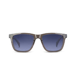 A pair of square sunglasses with a translucent gray acetate frame and blue gradient lenses, shown against a plain white background.