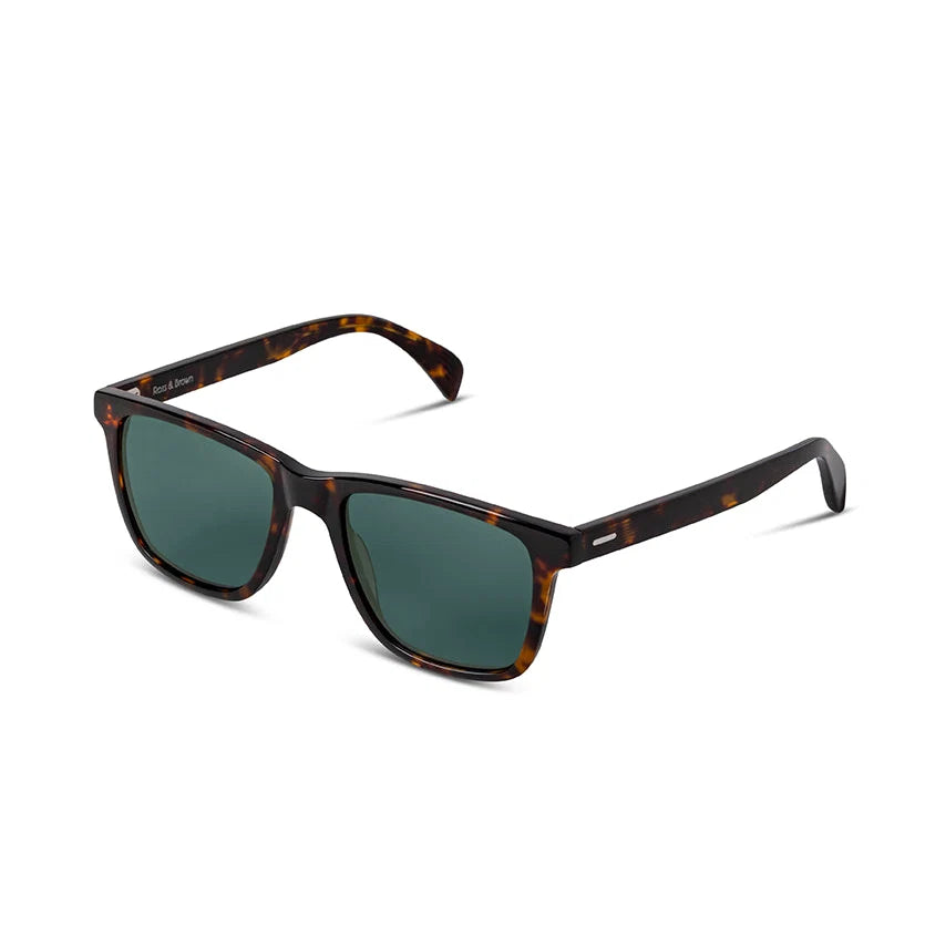 A pair of classic Wayfarer-style sunglasses with a dark brown and black tortoiseshell frame and dark green lenses, shown on a clean white background.