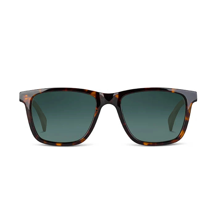 Front angle of dark havana framed eyeglasses with green lenses on a white background