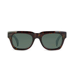 A pair of square sunglasses with a dark brown and black tortoiseshell frame and dark green lenses, shown against a plain white background.