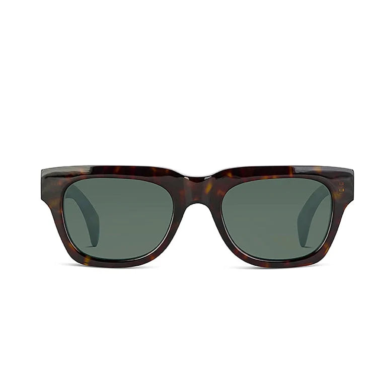 A pair of square sunglasses with a dark brown and black tortoiseshell frame and dark green lenses, shown against a plain white background.