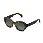 Sunglasses with a dark tortoiseshell patterned acetate frame and dark lenses, shown on a clean white background.