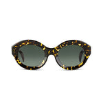 Oval framed sunglasses with dark green lenses on a white background. 