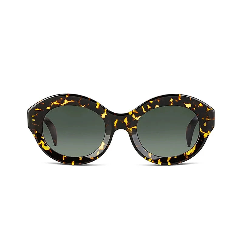 Oval framed sunglasses with dark green lenses on a white background. 
