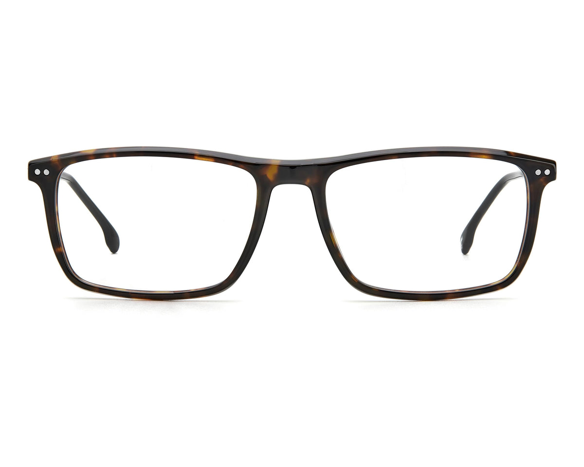 A pair of full-rim eyeglasses with a dark brown and amber tortoiseshell acetate frame, shown from the front on a solid white background.