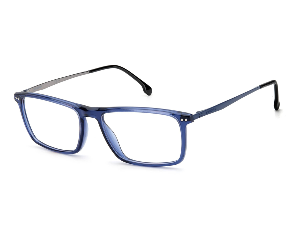Blue acetate rectangular eyeglasses with clear lenses and black temple tips, shown on a plain white background.