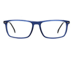 Front angle shot of blue acetate glasses on a white background