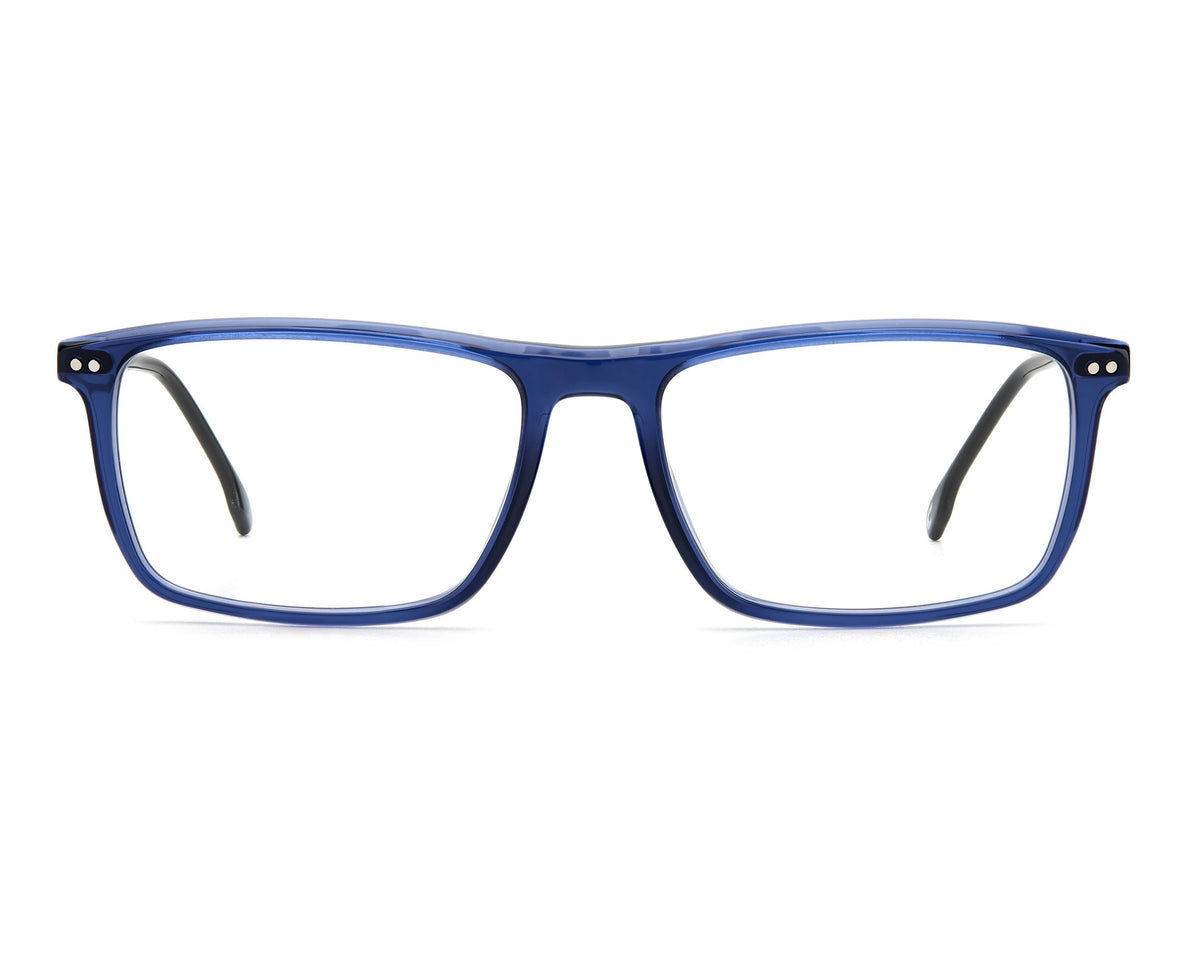 Front angle shot of blue acetate glasses on a white background