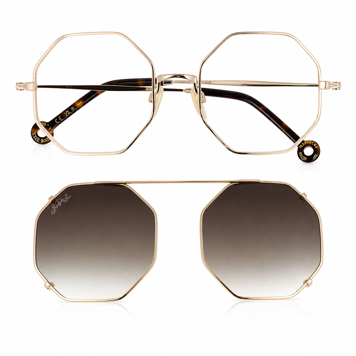 Two views of octagonal metal sunglasses on a white background: one showing the front with gold-tone frames and dark brown gradient lenses, and the other showing the back with tortoiseshell temples and a gold round screw detail.