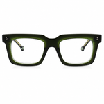 A pair of thick, square-framed eyeglasses with a translucent olive green acetate finish and clear lenses, shown against a plain white background.