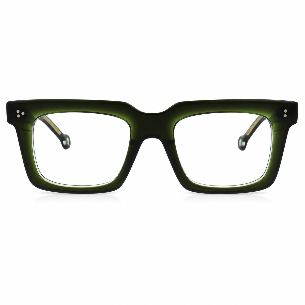 A pair of thick, square-framed eyeglasses with a translucent olive green acetate finish and clear lenses, shown against a plain white background.