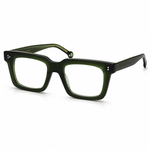 Olive green acetate square eyeglasses with clear lenses, displayed at a three-quarter angle on a white background.