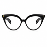 Black cat-eye eyeglasses with clear lenses and small gold dot accents on the temples, shown against a plain white background.