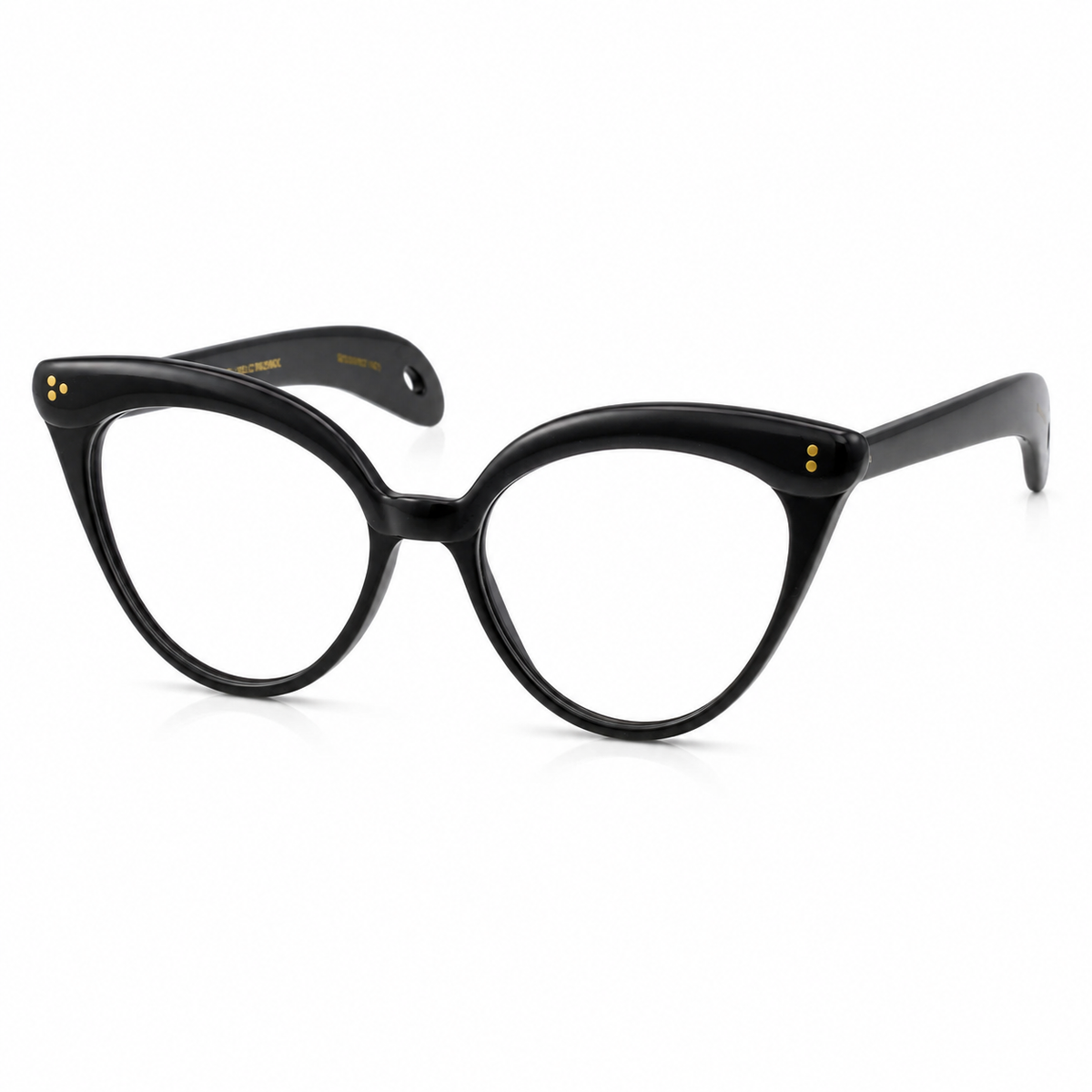 Black cat-eye eyeglasses with small gold dot accents on the temples, shown on a clean white background.