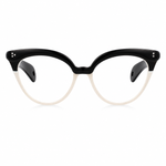 Cat-eye eyeglasses with a glossy black upper brow and translucent off-white lower rims, shown against a plain white background.