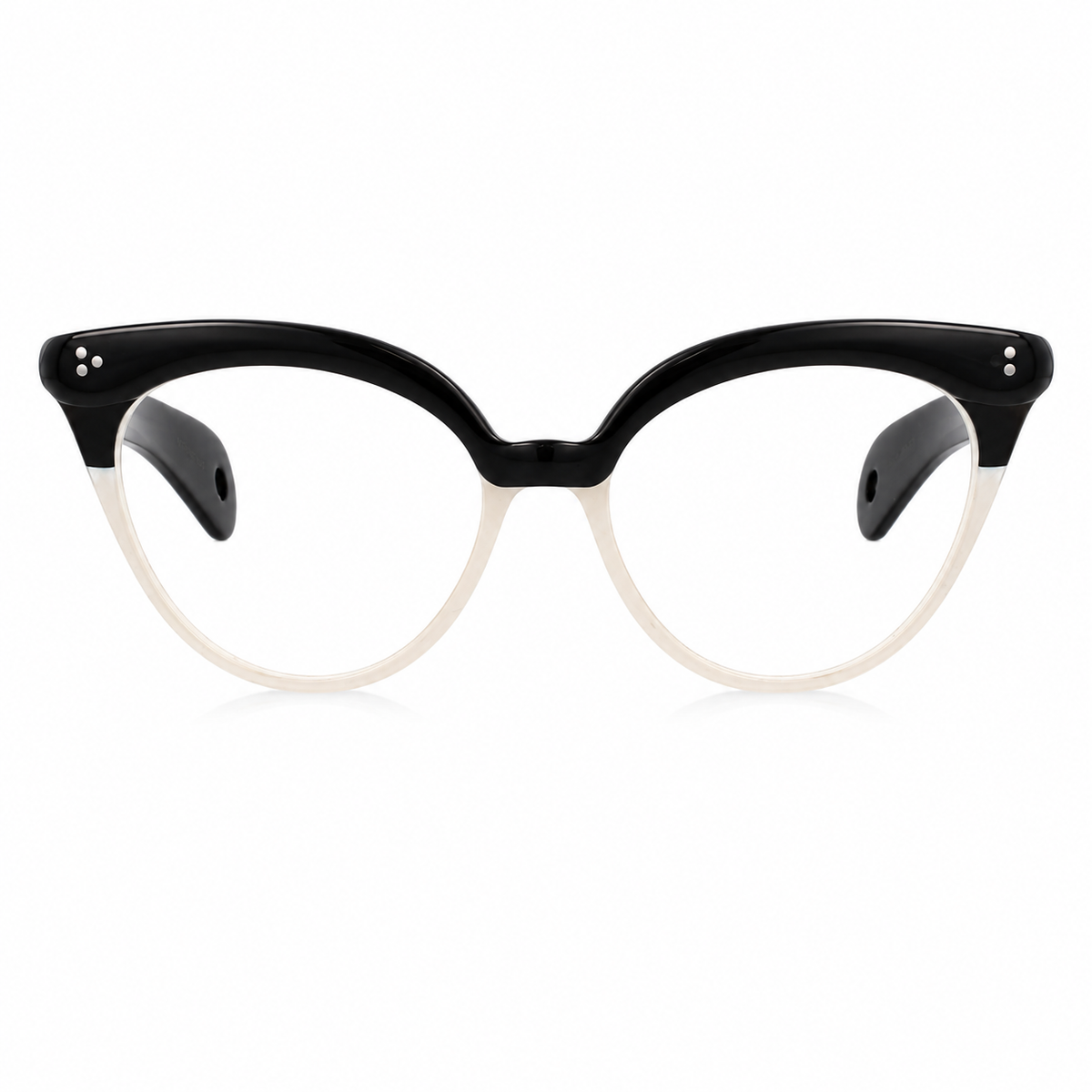 Cat-eye eyeglasses with a glossy black upper brow and translucent off-white lower rims, shown against a plain white background.