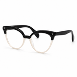 Black and clear acetate cat-eye eyeglasses on a clean white background.