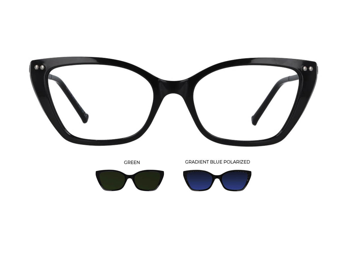 Black cat-eye eyeglass frames shown on a white background, with two smaller inset views below labeled GREEN and GRADIENT BLUE POLARIZED, showing the lens options.