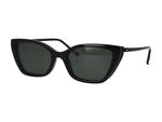 Black cat-eye sunglasses with dark green lenses, shown from a three-quarters angle on a plain white background.