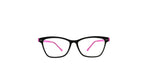 Black cat-eye eyeglasses with vibrant pink inner temples, shown from the front on a solid white background.