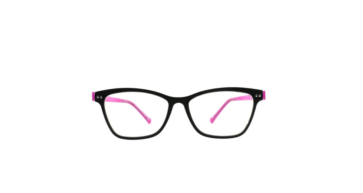 Black cat-eye eyeglasses with vibrant pink inner temples, shown from the front on a solid white background.