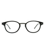 Black round eyeglasses with clear lenses, shown from the front on a solid white background.