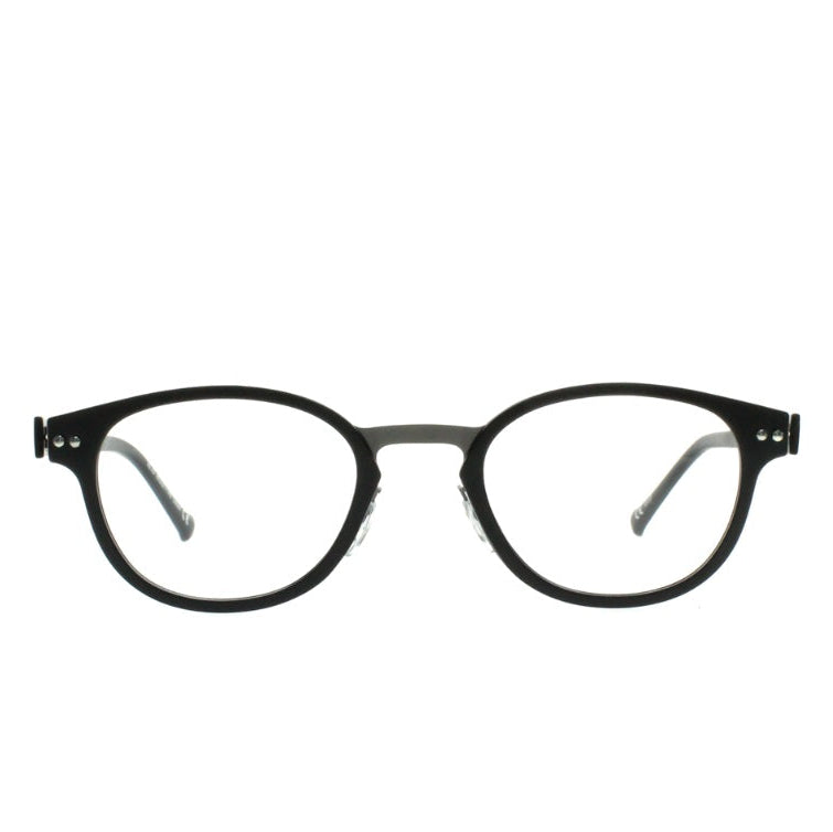 Black round eyeglasses with clear lenses, shown from the front on a solid white background.
