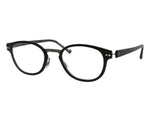 Pair of eyeglasses with a black frame on a white background