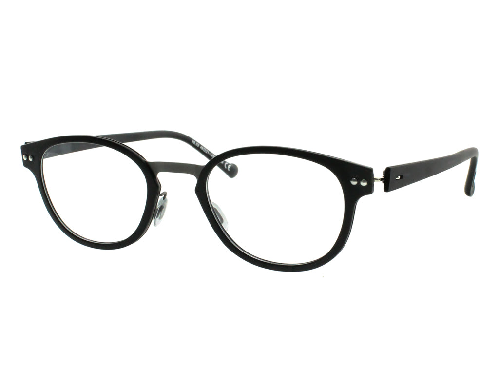 Pair of eyeglasses with a black frame on a white background