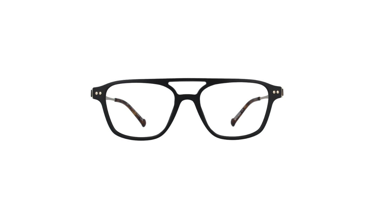Black full-rim eyeglasses with a double bridge and tortoiseshell temple arms, shown against a plain white background.
