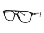 A pair of men's square eyeglasses featuring a thick black front frame, silver metal double bridge, and tortoiseshell temples with a silver-tone logo accent.