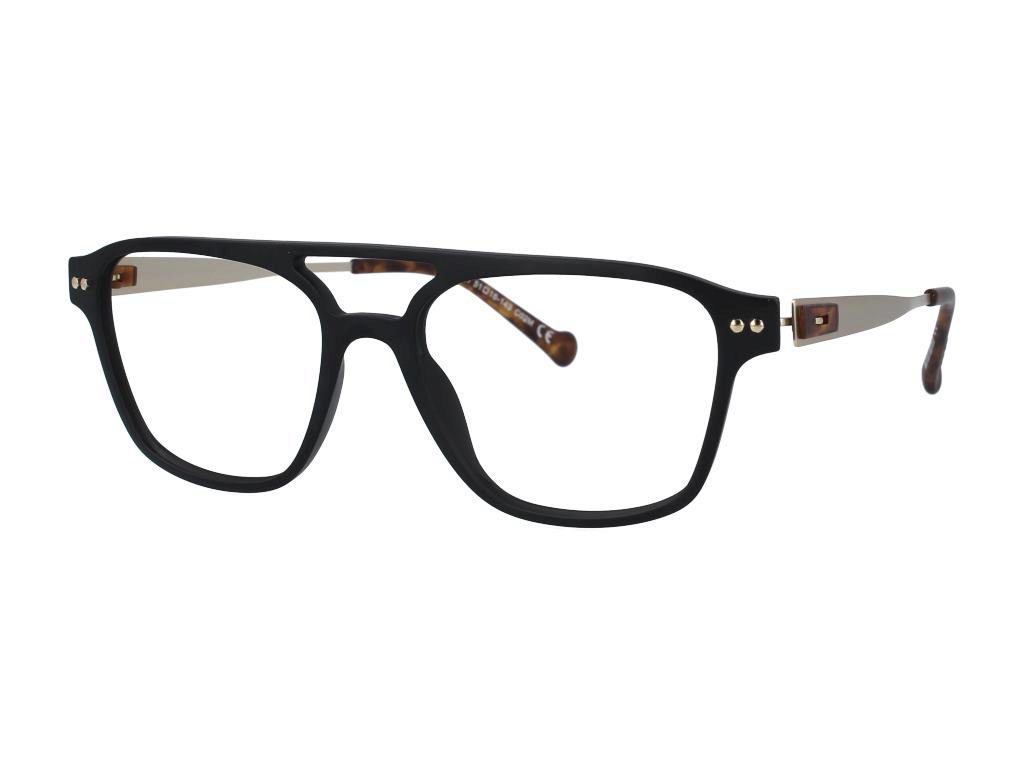 A pair of men's square eyeglasses featuring a thick black front frame, silver metal double bridge, and tortoiseshell temples with a silver-tone logo accent.