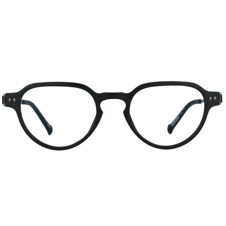 Round black eyeglasses on a white background. 