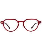 Front angle of round eyeglasses with red frame on a white background. 