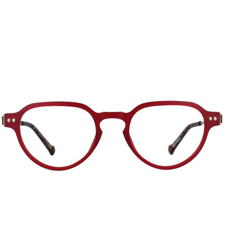 Front angle of round eyeglasses with red frame on a white background. 