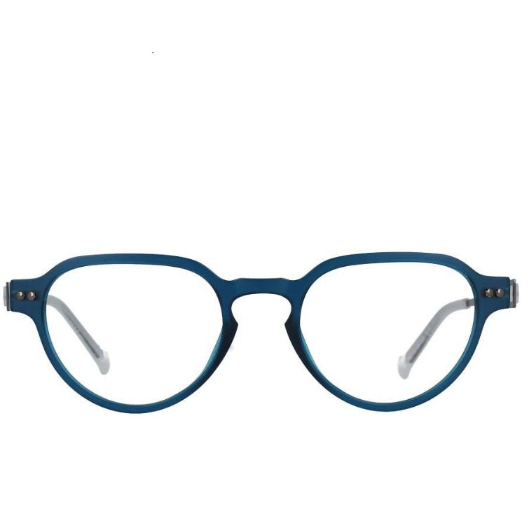 A pair of round eyeglasses with a translucent dark blue acetate frame and clear lenses, shown against a plain white background.