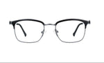Black eyeglasses with adjustable nosepad on a white background. 