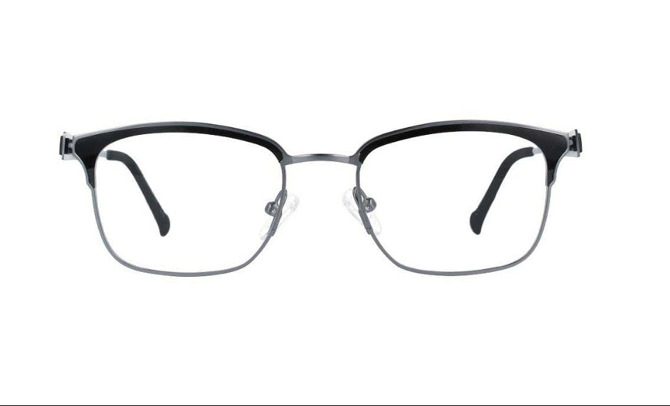 Black eyeglasses with adjustable nosepad on a white background. 